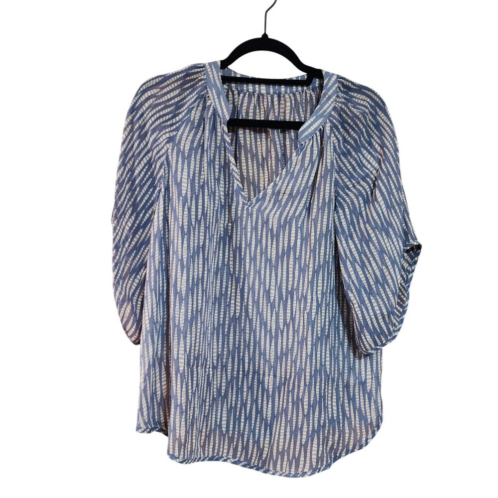 Blue & Beige Abstract Pattern Silk Blouse With 3/4 Sleeves